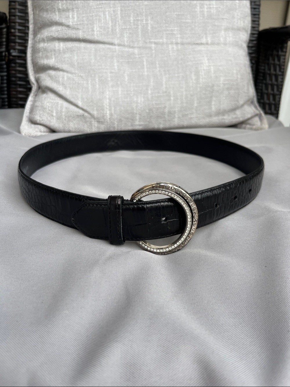 Brighton Black Croc-Embossed Leather Belt with Crystal Double-Ring Buckle